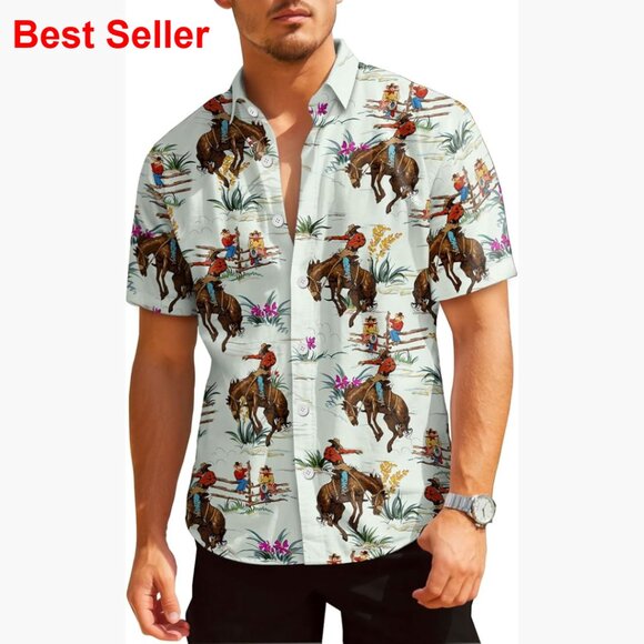 Men's Hawaiian Button Down Shirt with Flamingo Print Short Sleeve Beach Shirt